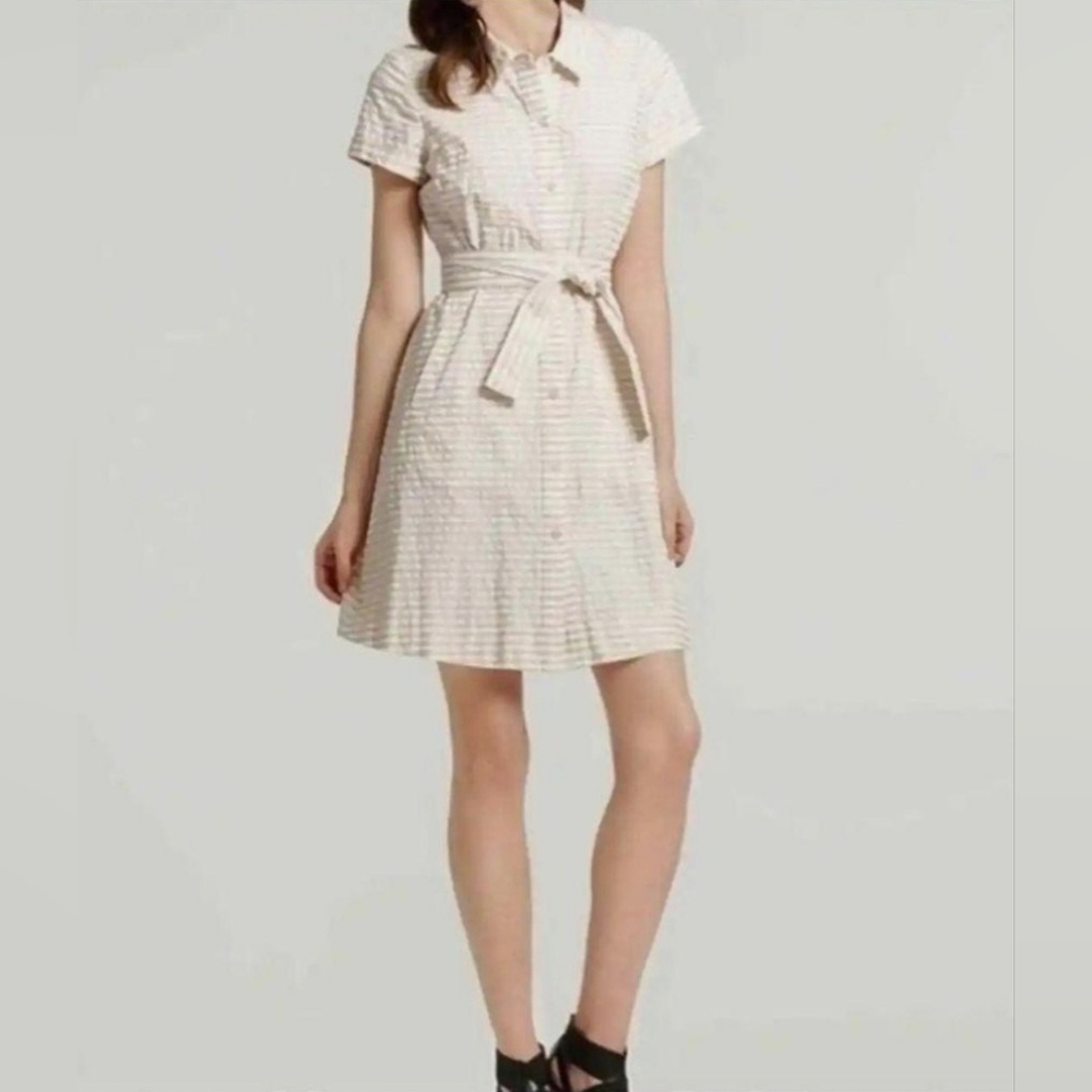 kate spade striped button collar shirt dress white cream beige fit and flare 0